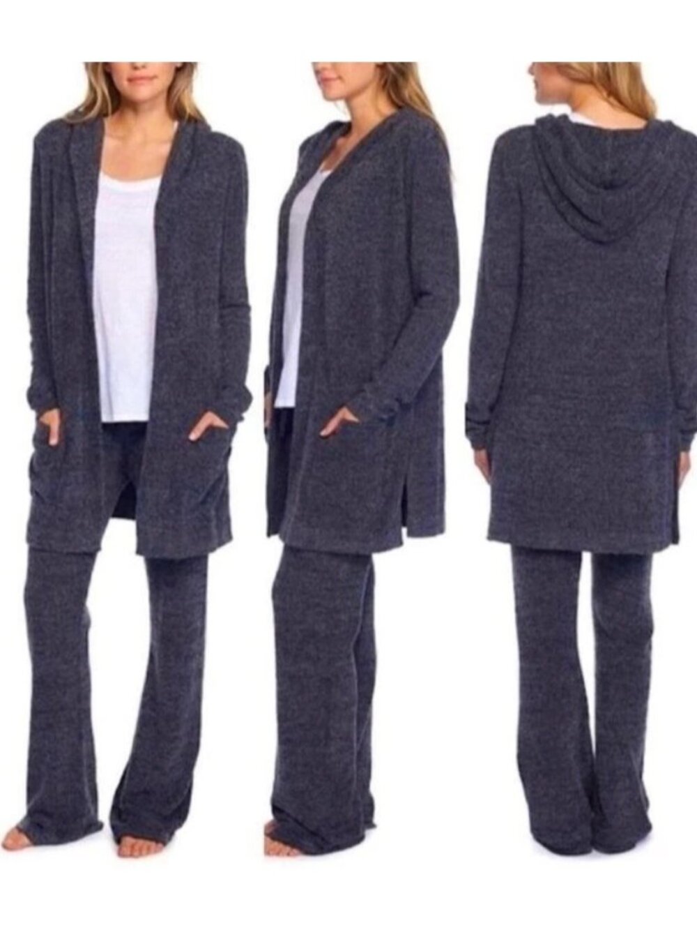 $124 Barefoot Dreams CozyChic Lite Resort Cardigan Sweater, XS/S Heathered Blue